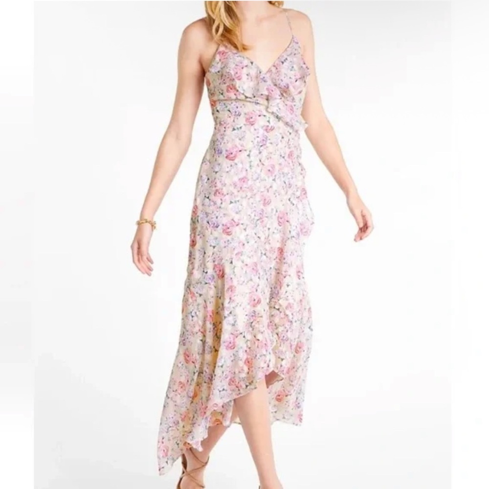 Express Floral Print Ruffle Faux Wrap Hi-Lo Maxi Romantic Dress Size S